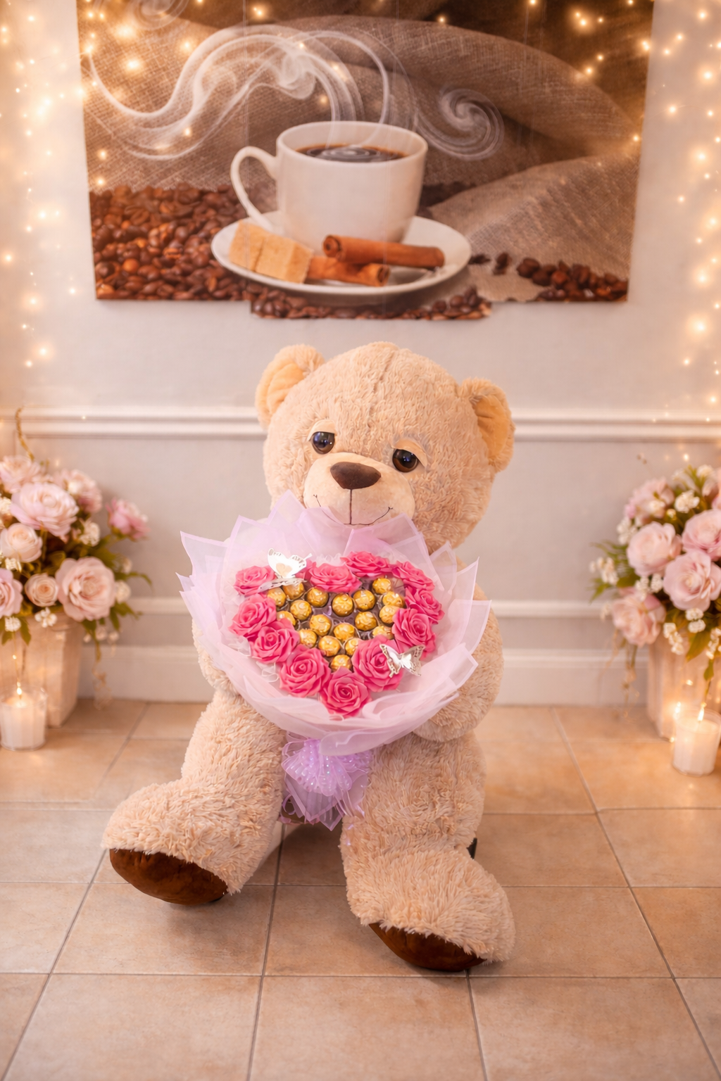 Giant Teddy Bear with Luxury Chocolate & Rose Heart Bouquet